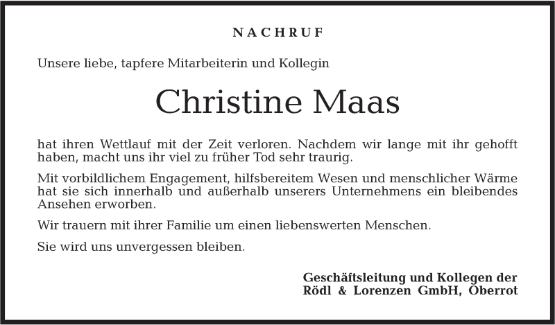  Traueranzeige für Christine Maas vom 18.12.2018 aus Rundschau Gaildorf