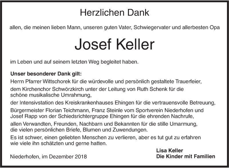 Traueranzeige für Josef Keller vom 13.12.2018 aus Ehinger Tagblatt