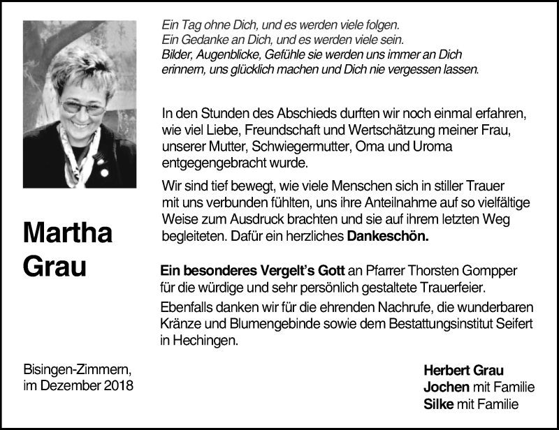  Traueranzeige für Martha Grau vom 08.12.2018 aus Hohenzollerische Zeitung