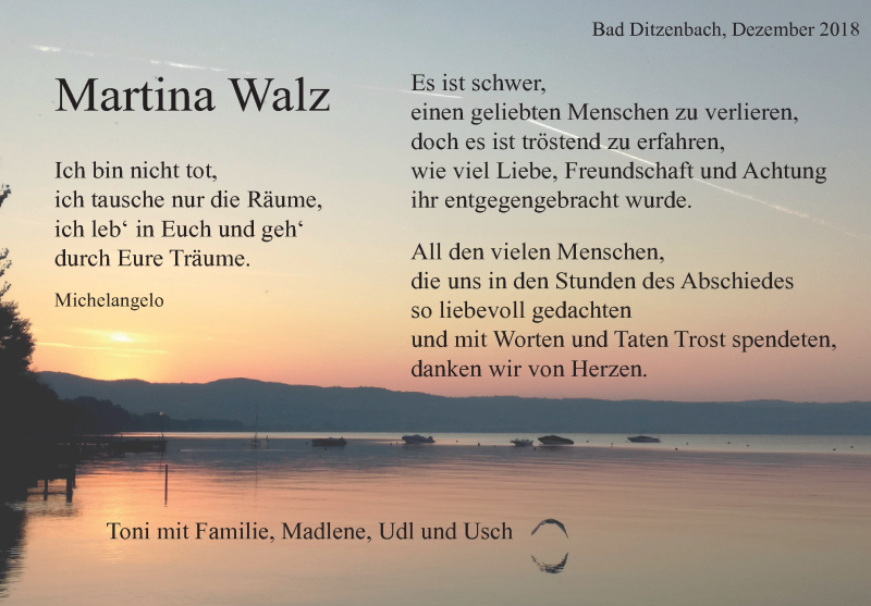  Traueranzeige für Martina Walz vom 07.12.2018 aus NWZ Neue Württembergische Zeitung/Geislinger Zeitung