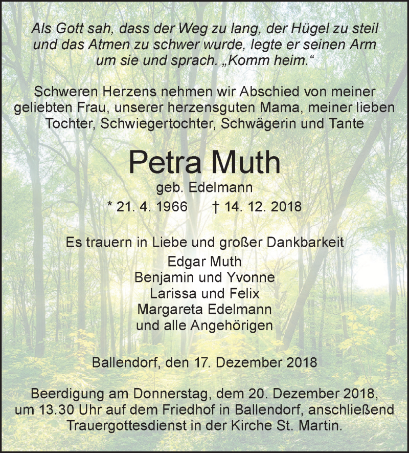  Traueranzeige für Petra Muth vom 17.12.2018 aus SÜDWEST PRESSE Ausgabe Ulm/Neu-Ulm