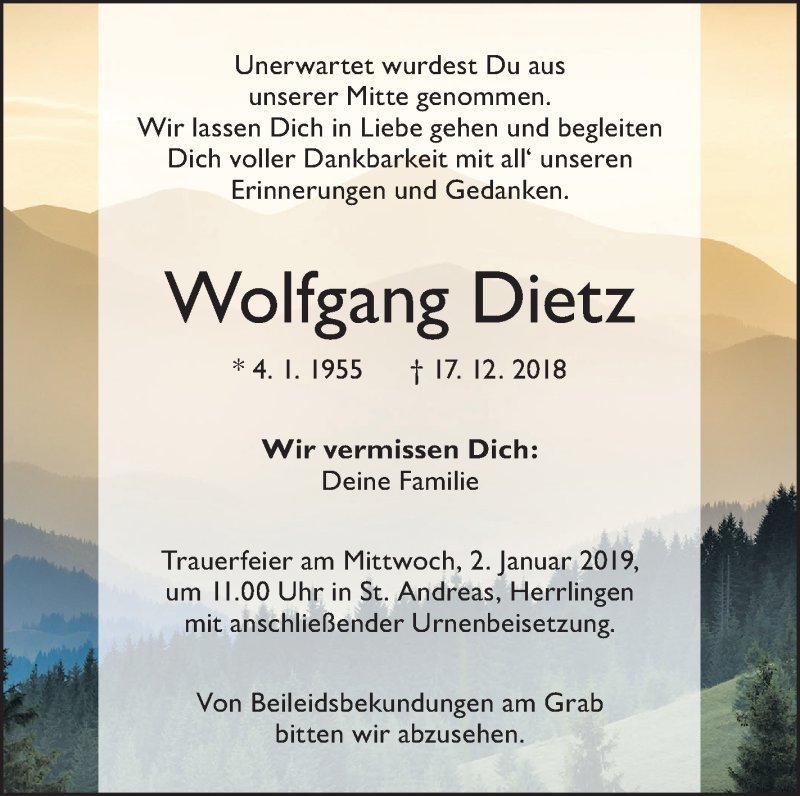  Traueranzeige für Wolfgang Dietz vom 22.12.2018 aus SÜDWEST PRESSE Ausgabe Ulm/Neu-Ulm