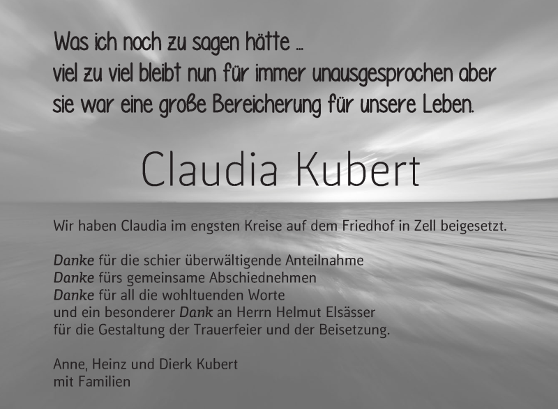  Traueranzeige für Claudia Kubert vom 21.02.2018 aus NWZ Neue Württembergische Zeitung