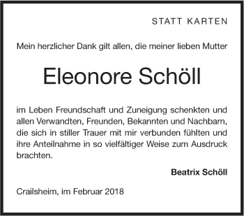 Traueranzeige von Eleonore Schöll von Hohenloher Tagblatt