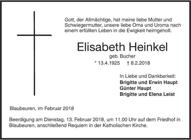  Traueranzeige für Elisabeth Heinkel vom 10.02.2018 aus SÜDWEST PRESSE Ausgabe Ulm/Neu-Ulm