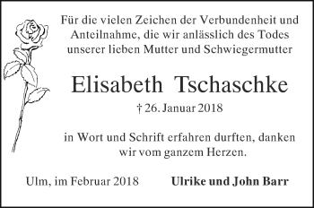 Traueranzeige von Elisabeth Tschaschke von SÜDWEST PRESSE Ausgabe Ulm/Neu-Ulm