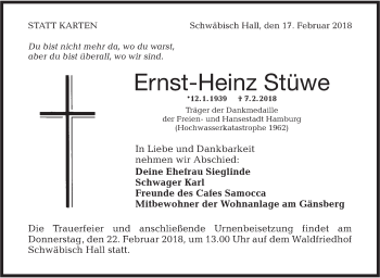 Traueranzeige von Ernst-Heinz Stüwe von Haller Tagblatt