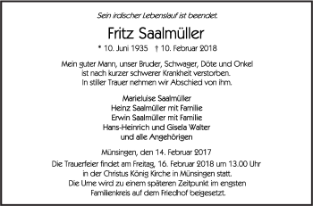 Traueranzeige von Fritz Saalmüller von Alb-Bote/Metzinger-Uracher Volksblatt