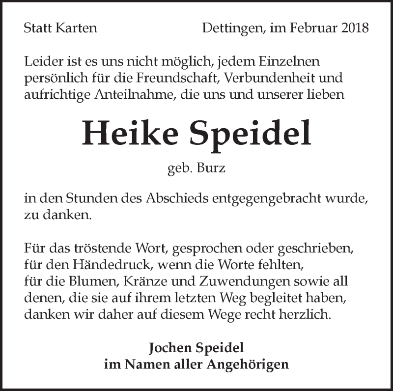  Traueranzeige für Heike Speidel vom 10.02.2018 aus Metzinger-Uracher Volksblatt