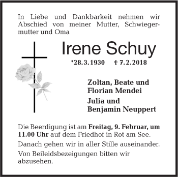 Traueranzeige von Irene Schuy von Hohenloher Tagblatt