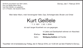 Traueranzeige von Kurt Geißele von NWZ Neue Württembergische Zeitung
