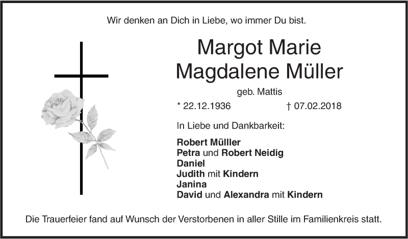  Traueranzeige für Margot Marie Müller vom 17.02.2018 aus Ehinger Tagblatt