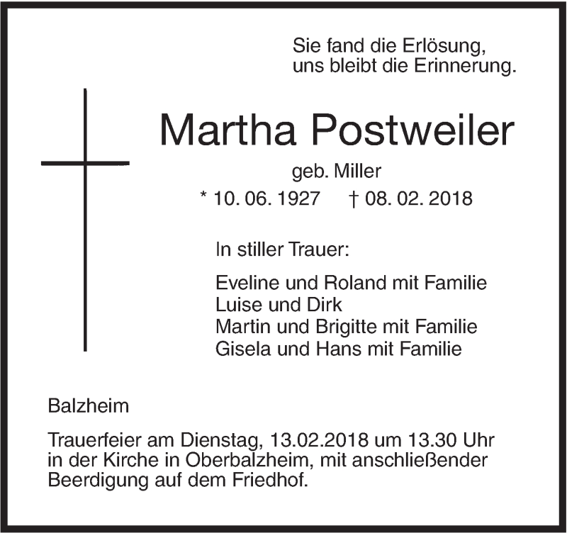  Traueranzeige für Martha Postweiler vom 10.02.2018 aus Illertal Bote