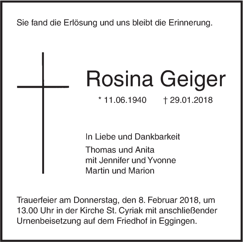  Traueranzeige für Rosina Geiger vom 03.02.2018 aus SÜDWEST PRESSE Ausgabe Ulm/Neu-Ulm