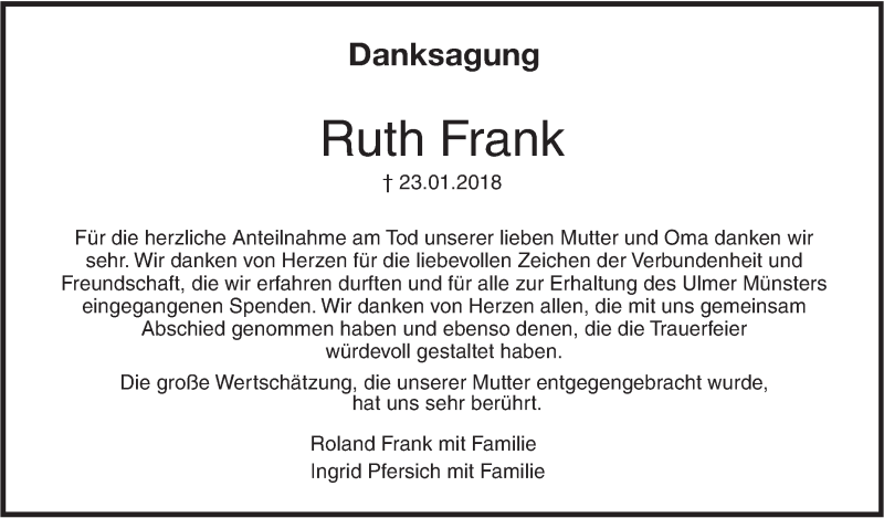  Traueranzeige für Ruth Frank vom 24.02.2018 aus SÜDWEST PRESSE Ausgabe Ulm/Neu-Ulm