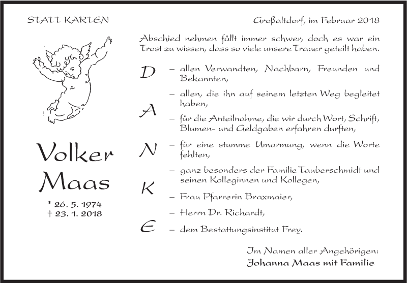  Traueranzeige für Volker Maas vom 10.02.2018 aus Rundschau Gaildorf