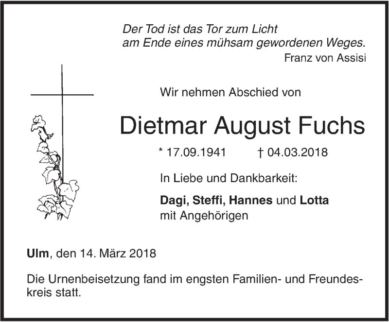  Traueranzeige für Dietmar August Fuchs vom 14.03.2018 aus SÜDWEST PRESSE Ausgabe Ulm/Neu-Ulm