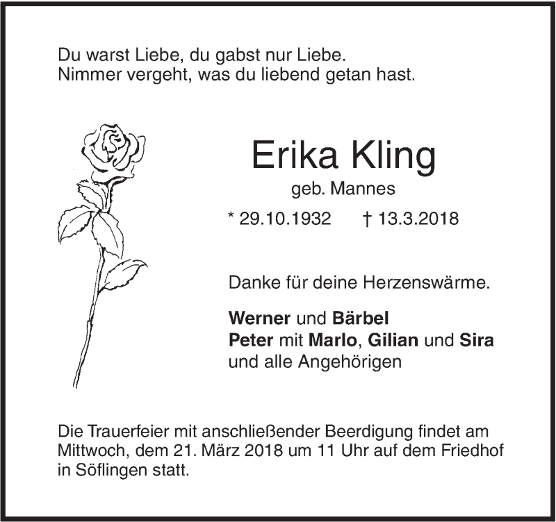  Traueranzeige für Erika Kling vom 17.03.2018 aus SÜDWEST PRESSE Ausgabe Ulm/Neu-Ulm