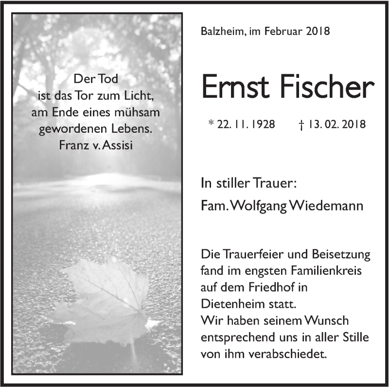  Traueranzeige für Ernst Fischer vom 09.03.2018 aus SÜDWEST PRESSE Ausgabe Ulm/Neu-Ulm