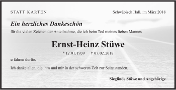 Traueranzeige von Ernst-Heinz Stüwe von Haller Tagblatt