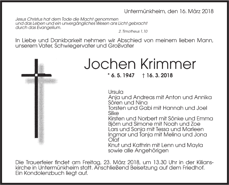  Traueranzeige für Jochen Krimmer vom 20.03.2018 aus Rundschau Gaildorf