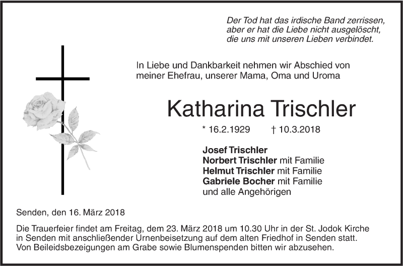 Traueranzeige für Katharina Trischler vom 16.03.2018 aus SÜDWEST PRESSE Ausgabe Ulm/Neu-Ulm