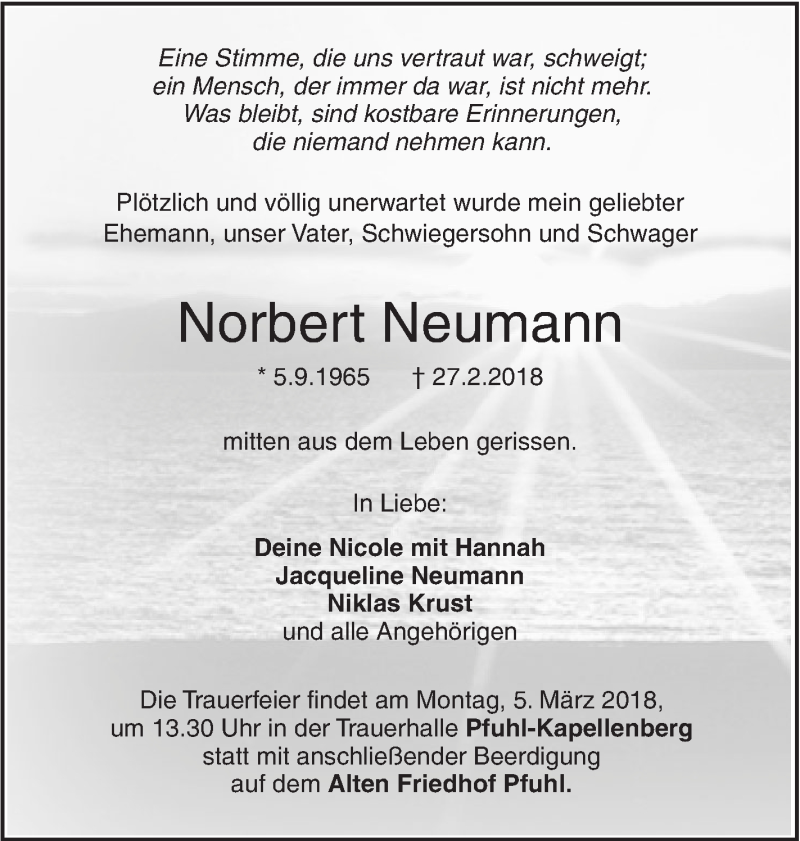 Traueranzeige für Norbert Neumann vom 02.03.2018 aus SÜDWEST PRESSE Ausgabe Ulm/Neu-Ulm