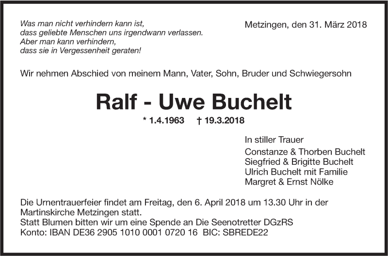  Traueranzeige für Ralf-Uwe Buchelt vom 31.03.2018 aus Metzinger-Uracher Volksblatt