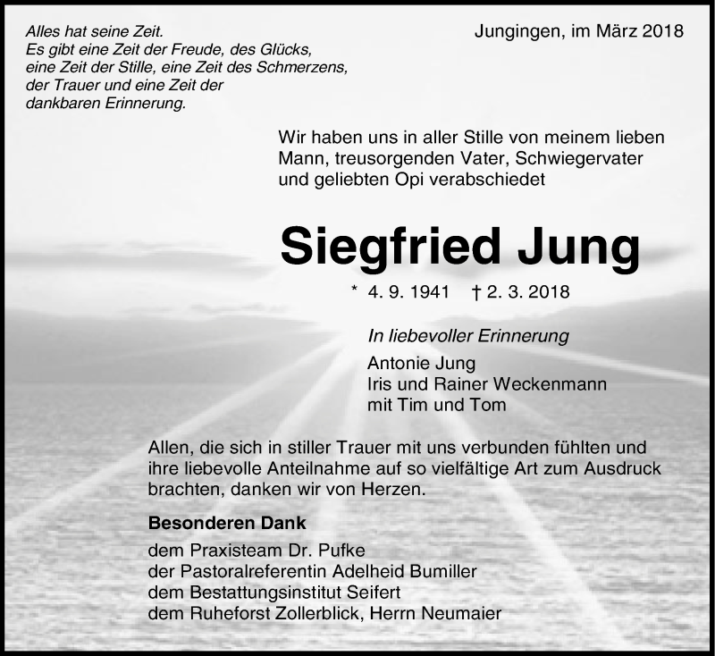  Traueranzeige für Siegfried Jung vom 24.03.2018 aus Hohenzollerische Zeitung