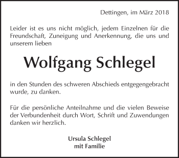 Traueranzeige von Wolfgang Schlegel von Metzinger-Uracher Volksblatt