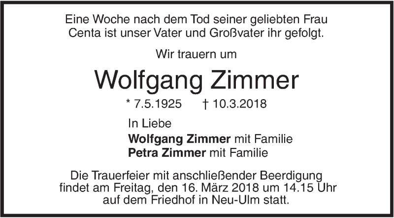  Traueranzeige für Wolfgang Zimmer vom 14.03.2018 aus SÜDWEST PRESSE Ausgabe Ulm/Neu-Ulm