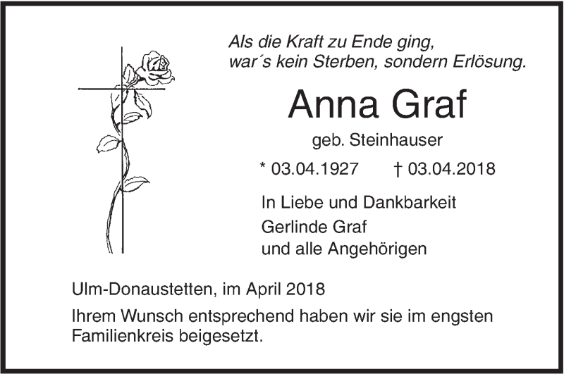  Traueranzeige für Anna Graf vom 14.04.2018 aus SÜDWEST PRESSE Ausgabe Ulm/Neu-Ulm