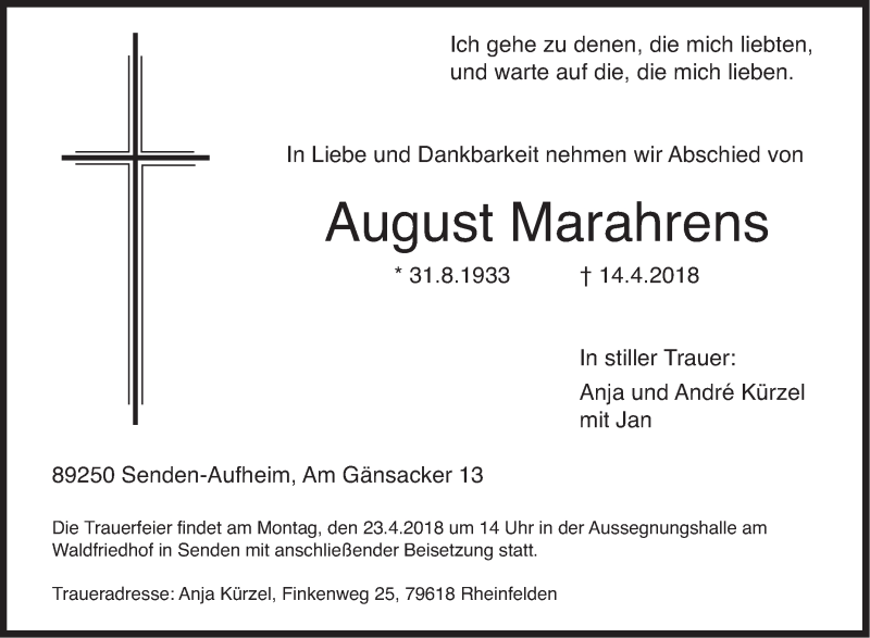  Traueranzeige für August Marahrens vom 19.04.2018 aus SÜDWEST PRESSE Ausgabe Ulm/Neu-Ulm