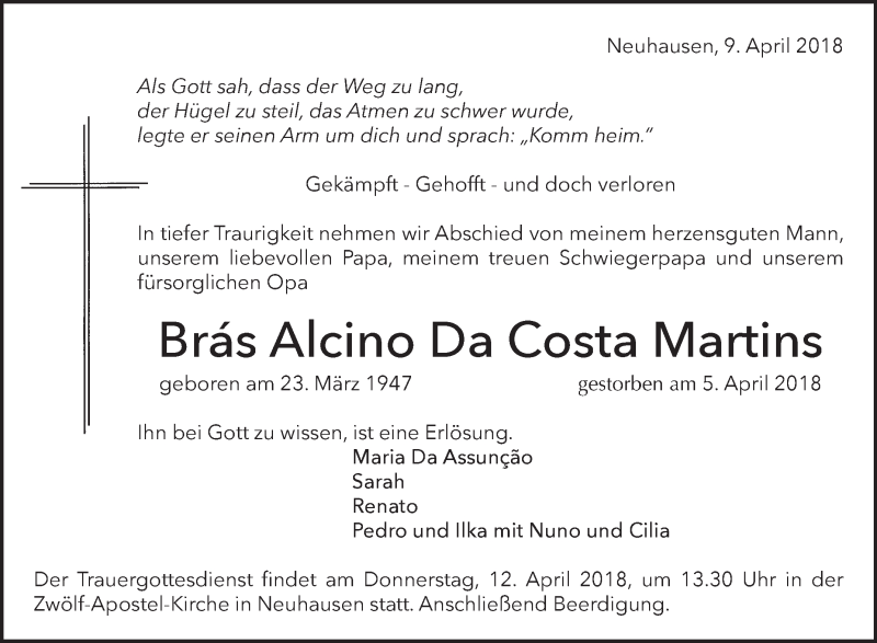  Traueranzeige für Brás Alcino Da Costa Martins vom 09.04.2018 aus Metzinger-Uracher Volksblatt