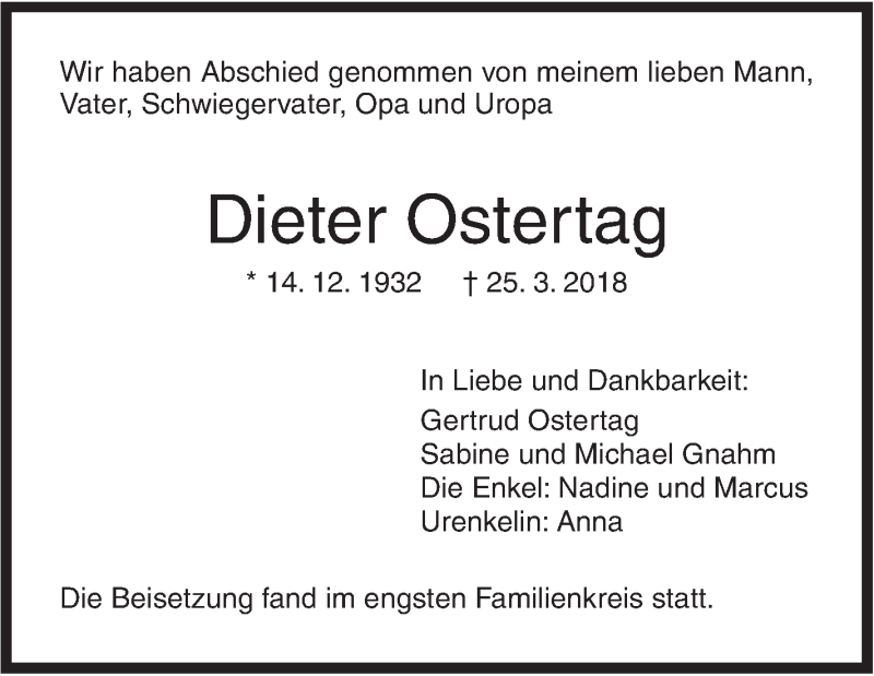  Traueranzeige für Dieter Ostertag vom 14.04.2018 aus SÜDWEST PRESSE Ausgabe Ulm/Neu-Ulm