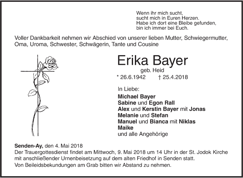  Traueranzeige für Erika Bayer vom 04.05.2018 aus SÜDWEST PRESSE Ausgabe Ulm/Neu-Ulm