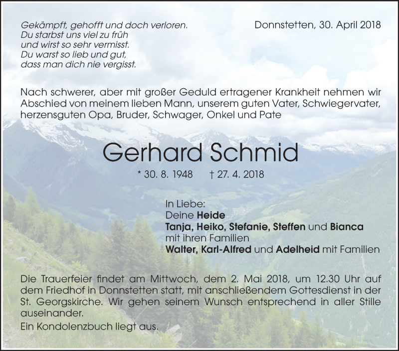  Traueranzeige für Gerhard Schmid vom 30.04.2018 aus Metzinger-Uracher Volksblatt
