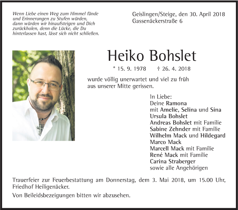  Traueranzeige für Heiko Bohslet vom 30.04.2018 aus Geislinger Zeitung