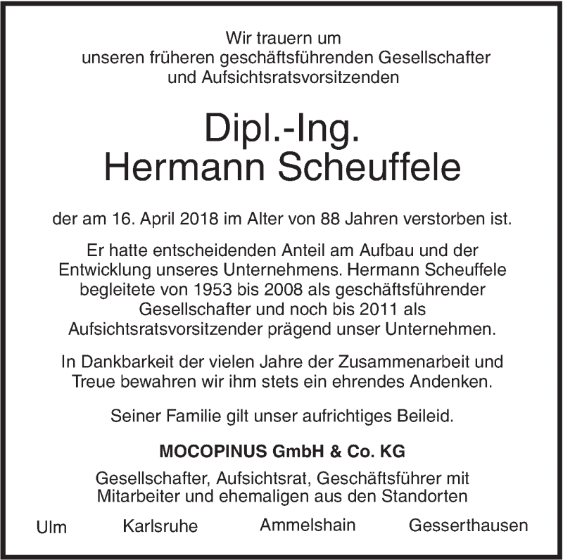  Traueranzeige für Hermann Scheuffele vom 21.04.2018 aus SÜDWEST PRESSE Ausgabe Ulm/Neu-Ulm