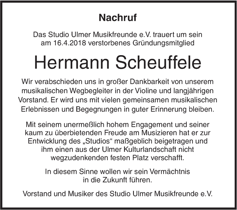  Traueranzeige für Hermann Scheuffele vom 21.04.2018 aus SÜDWEST PRESSE Ausgabe Ulm/Neu-Ulm