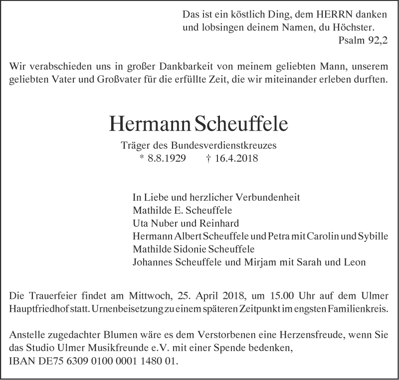  Traueranzeige für Hermann Scheuffele vom 21.04.2018 aus SÜDWEST PRESSE Ausgabe Ulm/Neu-Ulm