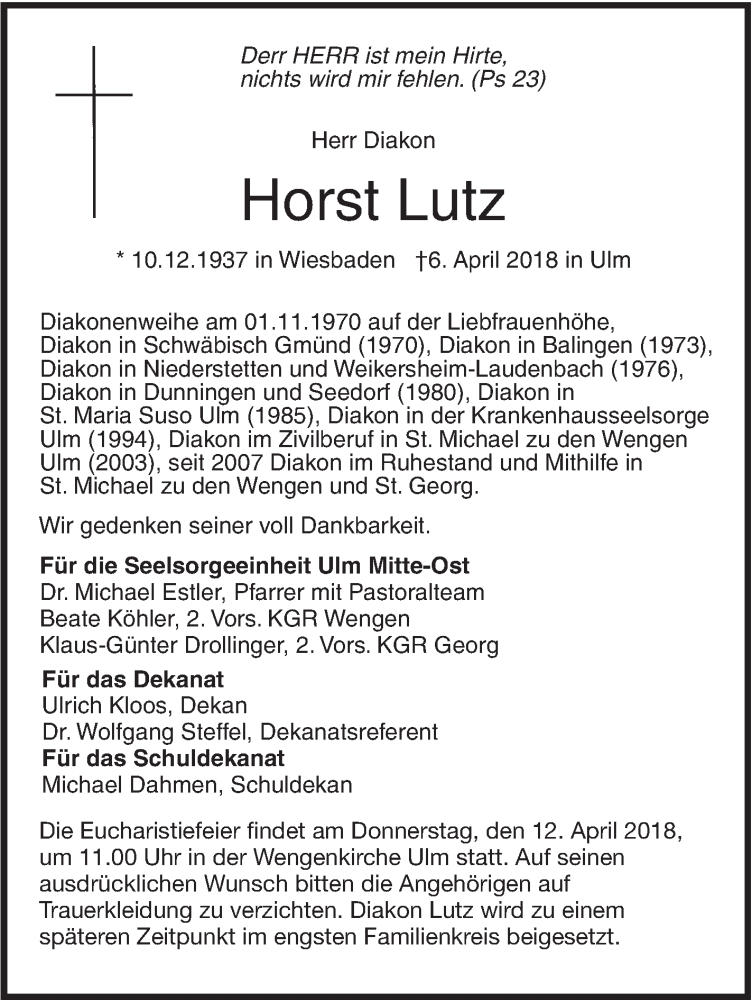  Traueranzeige für Horst Lutz vom 10.04.2018 aus SÜDWEST PRESSE Ausgabe Ulm/Neu-Ulm