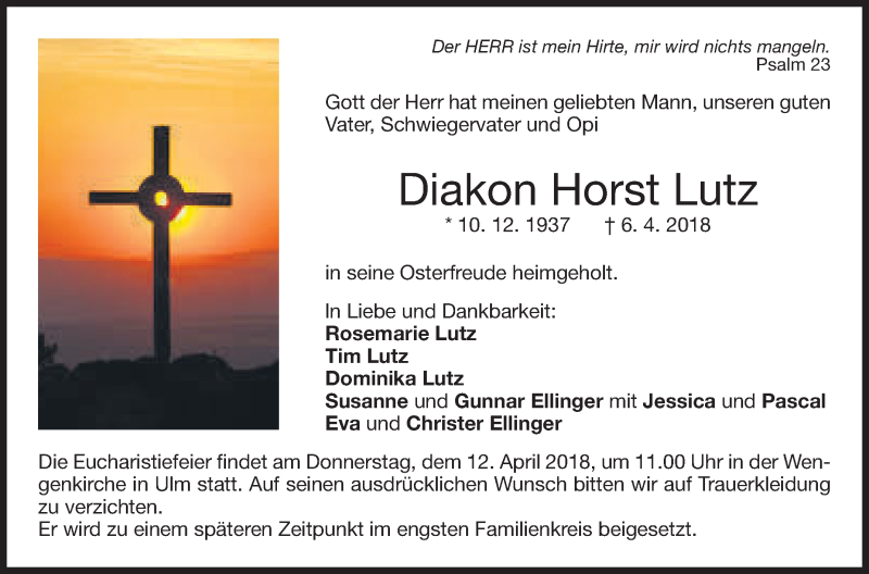  Traueranzeige für Horst Lutz vom 09.04.2018 aus SÜDWEST PRESSE Ausgabe Ulm/Neu-Ulm