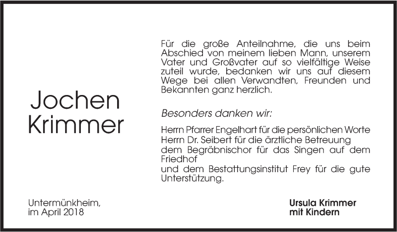  Traueranzeige für Jochen Krimmer vom 11.04.2018 aus Rundschau Gaildorf