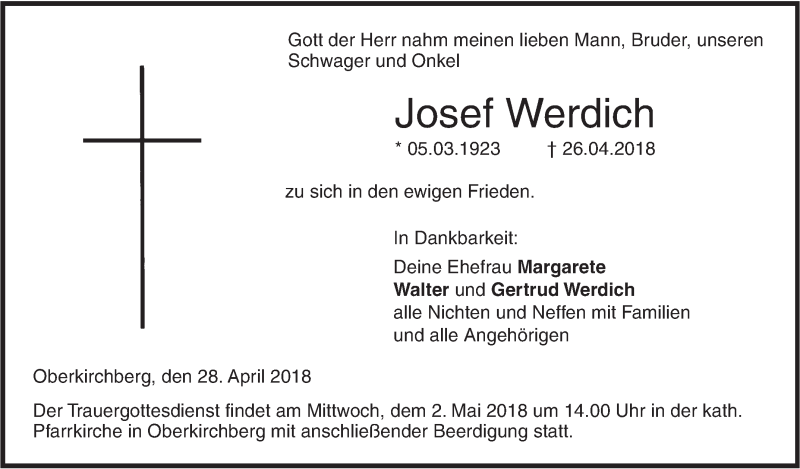  Traueranzeige für Josef Werdich vom 28.04.2018 aus SÜDWEST PRESSE Ausgabe Ulm/Neu-Ulm
