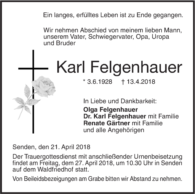  Traueranzeige für Karl Felgenhauer vom 21.04.2018 aus SÜDWEST PRESSE Ausgabe Ulm/Neu-Ulm