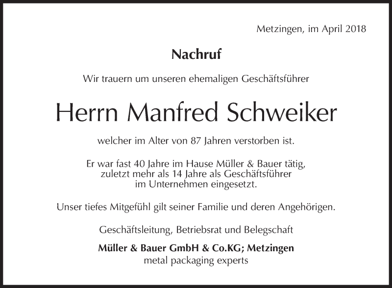  Traueranzeige für Manfred Schweiker vom 17.03.2018 aus Metzinger-Uracher Volksblatt