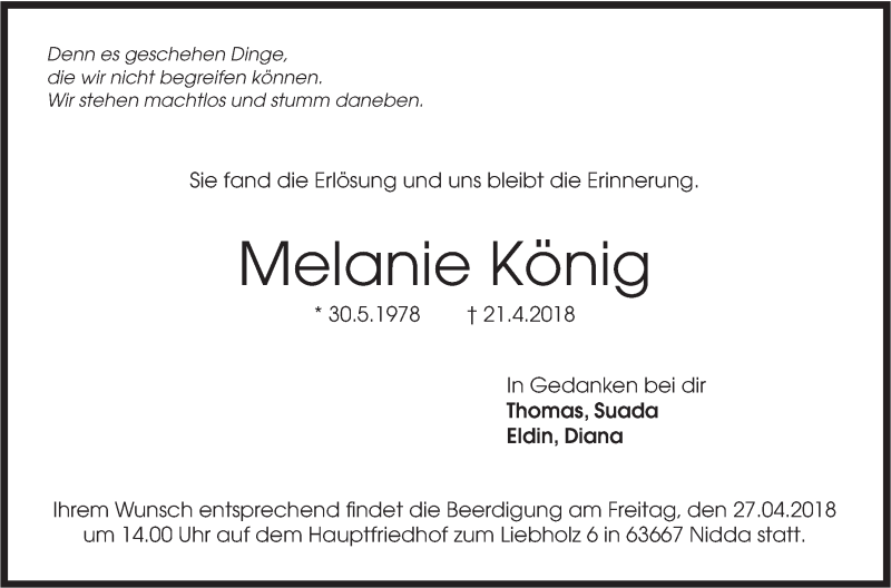  Traueranzeige für Melanie König vom 26.04.2018 aus Metzinger-Uracher Volksblatt