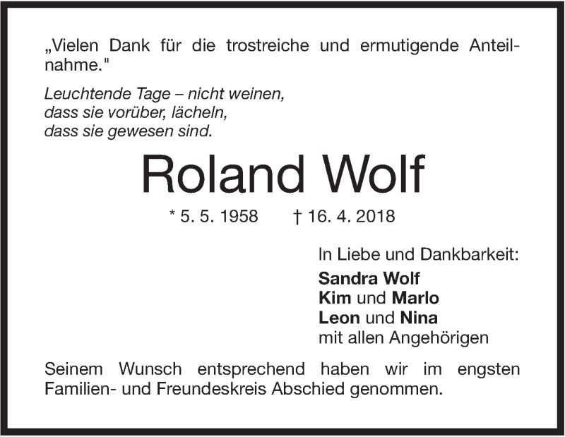  Traueranzeige für Roland Wolf vom 27.04.2018 aus NWZ Neue Württembergische Zeitung