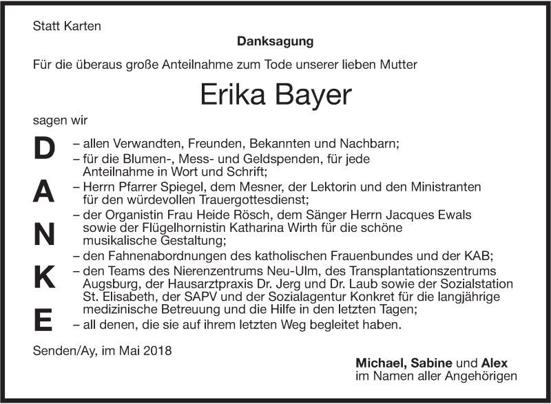  Traueranzeige für Erika Bayer vom 25.05.2018 aus SÜDWEST PRESSE Ausgabe Ulm/Neu-Ulm